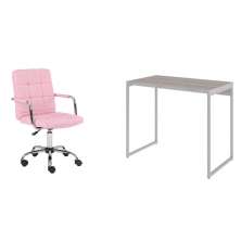 Conjunto de Mesa Studio Snow e Branca com Cadeira de Escritório Secretária Giratória Fitz Rosa