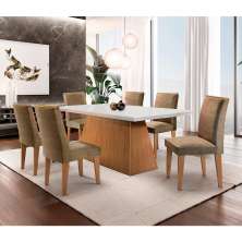 Conjunto de Mesa de Jantar Luna com 6 Cadeiras Estofadas Lunara I Animalle Off White e Chocolate