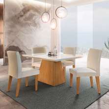 Conjunto de Mesa de Jantar Luna com Tampo Off White e 4 Cadeiras Grécia Veludo Creme e Imbuia