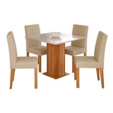 Conjunto de Mesa de Jantar Quadrada com Tampo de Vidro Off White Sophia e 4 Cadeiras Maia Linho Gengibre e Cinamomo