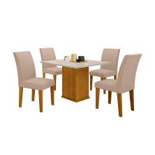 Conjunto de Mesa de Jantar Quadrada com Tampo de Vidro Off White e 4 Cadeiras Napoli Veludo Palha e Freijó