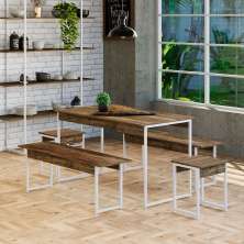 Conjunto de Mesa de Jantar Retangular com 4 Bancos Studio Carvalho Dark e Branco