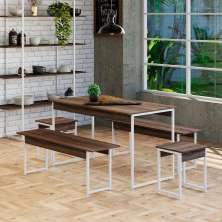 Conjunto de Mesa de Jantar Retangular com 4 Bancos Studio Nogal e Branco