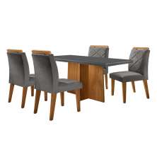 Conjunto de Mesa de Jantar Retangular com Tampo de Vidro Ane e 4 Cadeiras Bélgica Veludo Grafite e Imbuia