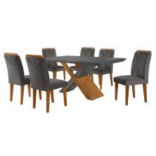 Conjunto de Mesa de Jantar Retangular com Tampo de Vidro Genova e 6 Cadeiras Itália Veludo Grafite e Imbuia