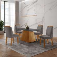 Conjunto de Mesa de Jantar Retangular com Tampo de Vidro Luna e 4 Cadeiras Athenas Veludo Grafite e Imbuia