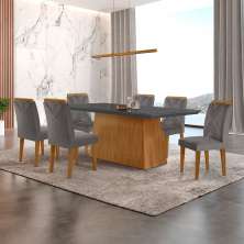 Conjunto de Mesa de Jantar Retangular com Tampo de Vidro Luna e 6 Cadeiras Italia Veludo Grafite e Imbuia