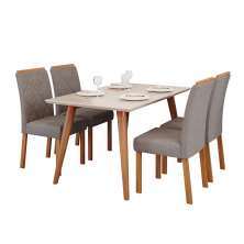 Conjunto de Mesa de Jantar Retangular com Tampo de Vidro Off White Adele e 4 Cadeiras Fernanda Linho Grafite e Madeira