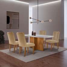 Conjunto de Mesa de Jantar Retangular com Tampo de Vidro Off White Berlim e 4 Cadeiras Alegra Linho Bege e Imbuia