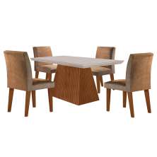 Conjunto de Mesa de Jantar Retangular com Tampo de Vidro Off White Luna e 4 Cadeiras Grécia Suede Animalle Chocolate e Imbuia