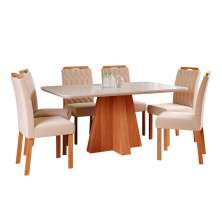 Conjunto de Mesa de Jantar Retangular com Tampo de Vidro Off White Maite e 6 Cadeiras Paola Suede Nude e Cinamomo