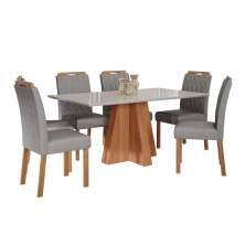 Conjunto de Mesa de Jantar Retangular com Tampo de Vidro Off White Patricia e 6 Cadeiras Paola Linho Grafite e Cinamomo