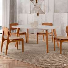 Conjunto de Mesa de Jantar Retangular com Tampo de Vidro Off White Prada e 4 Cadeiras Prada Gold Linho Palha e Imbuia