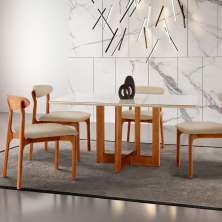 Conjunto de Mesa de Jantar Retangular com Tampo de Vidro Off White Talia e 4 Cadeiras Italia Linho Bege e Imbuia
