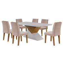Conjunto de Mesa de Jantar Retangular com Tampo de Vidro Off White Turmalina e 6 Cadeiras Grécia Linho Rústico e Imbuia