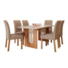 Conjunto de Mesa de Jantar Retangular com Tampo de Vidro Off White Valentina e 6 Cadeiras Juliana Linho Bege e Cinamomo