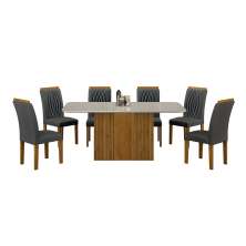 Conjunto de Mesa de Jantar Retangular com Tampo de Vidro Off White e 6 Cadeiras Doha II Veludo Chumbo e Freijó