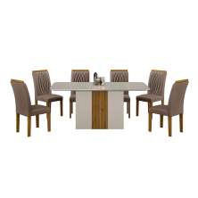 Conjunto de Mesa de Jantar Retangular com Tampo de Vidro Off White e 6 Cadeiras Doha Veludo Camurça e Freijó