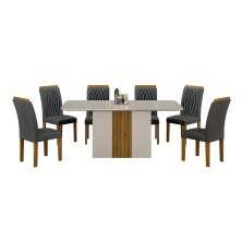 Conjunto de Mesa de Jantar Retangular com Tampo de Vidro Off White e 6 Cadeiras Doha Veludo Chumbo e Freijó