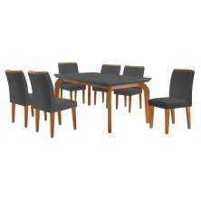 Conjunto de Mesa de Jantar Retangular com Tampo de Vidro Turquesa e 6 Cadeiras Luanda Veludo Grafite e Imbuia