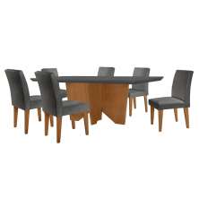 Conjunto de Mesa de Jantar Retangular com Tampo de Vidro Varsóvia e 6 Cadeiras Grécia Linho Grafite e Imbuia