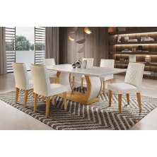 Conjunto de Mesa de Jantar com 6 Cadeiras Estofadas Maia I Veludo Off White e Creme