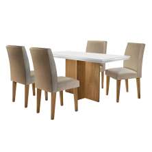 Conjunto de Mesa de Jantar com Tampo Off White Ane e 4 Cadeiras Grécia Linho Bege e Imbuia