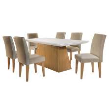 Conjunto de Mesa de Jantar com Tampo de Vidro Luna e 6 Cadeiras Grécia Linho Bege e Imbuia