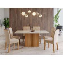 Conjunto de Mesa de Jantar com Tampo de Vidro Off White Ana e 6 Cadeiras Fernanda Suede Nude e Nature