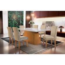 Conjunto de Mesa de Jantar com Tampo de Vidro Off White Luna e 6 Cadeiras Grécia Suede Amassado Chocolate e Imbuia
