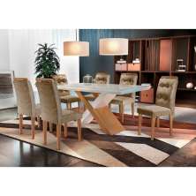 Conjunto de Mesa de Jantar com Vidro e  6 Cadeiras Imperatriz Suede Off White e Chocolate