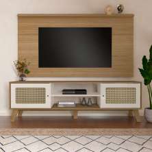 Conjunto de Painel para TV até 75 Polegadas Slim com Rack Charlotte 2 PT Carvalho e Off White