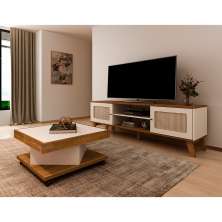Conjunto de Rack Charlotte 2 PT com Mesa de Centro Quadrada Saara Pinho e Off White