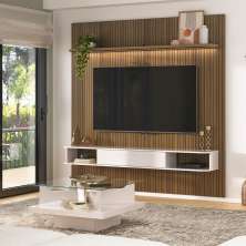 Conjunto de Sala de Estar Beluno com Painel para TV até 75 polegadas com LED e Mesa de Centro Clear Carvalho e Off White