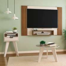 Conjunto de Sala de Estar Cine com Painel para TV até 40 polegadas, Mesa de Centro e Mesa Lateral Pinho e Off White