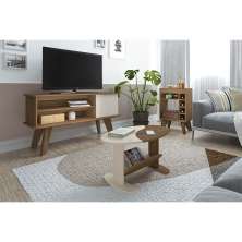 Conjunto de Sala de Estar Frank com Rack 1 PT, Bar e Mesa de Centro Pinho e Off White