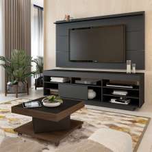 Conjunto de Sala de Estar Treviso com Rack, Painel para TV até 55 polegadas e Mesa de Centro Amêndoa e Preto