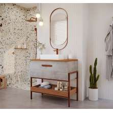 Conjunto para Banheiro com Gabinete Eleonora 1 Porta Cimento e Freijó 65cm e Espelho Decorativo Lumi Cobre
