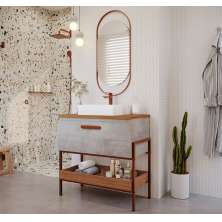 Conjunto para Banheiro com Gabinete Eleonora 1 Porta Cimento e Freijó 85cm e Espelho Decorativo Lumi Cobre