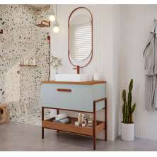 Conjunto para Banheiro com Gabinete Eleonora 1 Porta Pistache e Freijó 65cm e Espelho Decorativo Lumi Cobre