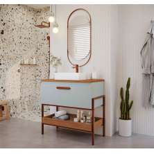 Conjunto para Banheiro com Gabinete Eleonora 1 Porta Pistache e Freijó 85cm e Espelho Decorativo Lumi Cobre