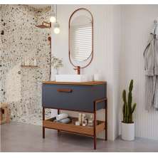 Conjunto para Banheiro com Gabinete Eleonora 1 Porta Titanium e Freijó 85cm e Espelho Decorativo Lumi Cobre