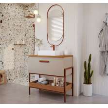 Conjunto para Banheiro com Gabinete Portinari 1 PT Capuccino e Freijó 85cm e Espelho Decorativo Lumi Cobre