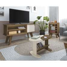 Conjunto para Sala de Estar Frank com Rack, Mesa de Centro e Bar Off White e Amadeirado