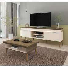 Conjunto para Sala de Estar Lumina com Rack e Mesa de Centro Off White e Pinho