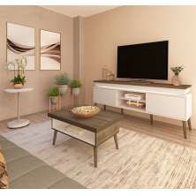 Conjunto para Sala de Estar Lumina com Rack, Mesa de Centro e Mesa Lateral Off White e Pinho