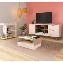 Conjunto para Sala de Estar Michigan com Rack, Mesa de Centro e Bar Off White e Amadeirado