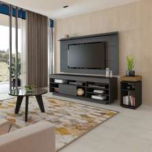 Conjunto para Sala de Estar Treviso com Rack, Painel para TV até 55 Polegadas, Mesa de Centro e Mesa Lateral Preto e Pinho