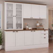 Cozinha Compacta Iluminata 9 Portas 3 Gavetas Branco e Ébano