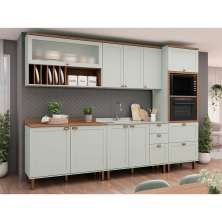 Cozinha Compacta Iluminata Luna com Vidro 10 Portas 4 Gavetas Verde Mint e Ébano
